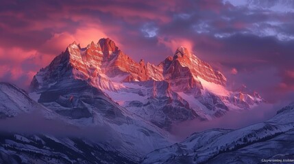 A beautiful landscape of snow-capped mountains at sunset with a vibrant pink sky.
