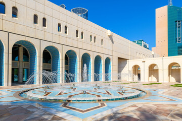 Exterior view of the Cultural Foundation, a museum and exhibition hall highlighting Arab Culture at the Qasr Al Hosn Fort grounds in Abu Dhabi, United Arab Emirates.