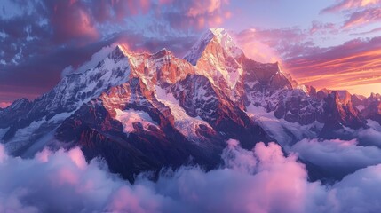 A beautiful landscape of snow capped mountains at sunset with clouds in the foreground.