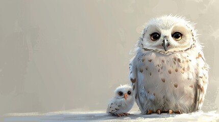 A baby owl is sitting on a ledge next to a larger owl - obrazy, fototapety, plakaty
