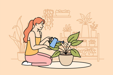 Woman florist grows houseplants to decorate own apartment, waters flower sitting on floor. Girl breeds houseplants, being interested in botany and enjoying presence of homemade flowers in house
