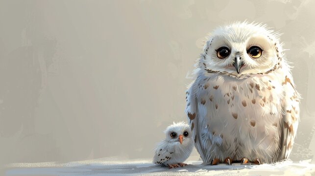 A baby owl is sitting on a ledge next to a larger owl