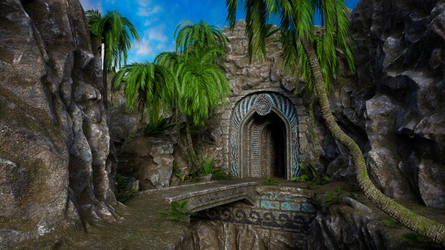 Entrance door to an ancient fantasy cave or tomb built into a mountain. 3D render.