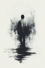 A man walking down a path with smoke coming out of his shoes, AI