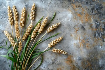 A serene image capturing golden ears of wheat laid on a textured grey backdrop, symbolizing harvest