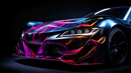 Aerodynamic body kit upgrade on a racing car in a vivid, energetic outdoor setting." "Customized intake manifold of a high-performance vehicle in muted, studio-lit surroundings