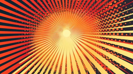 A red and orange background with a white circle in the center surrounded by yellow and orange rays and halftone dots.