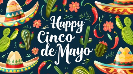 Colorful card with an inscription for the celebration of Cinco de Mayo on a green background