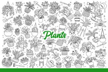 Houseplants and flowers in pots or cache-pots to decorate apartment. Set of blooming houseplants from florist shop with petals of different shapes to give interior eco style. Hand drawn doodle