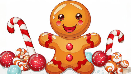 Vibrant gingerbread man surrounded by candy canes and colorful decorations, evoking festive sweetness.