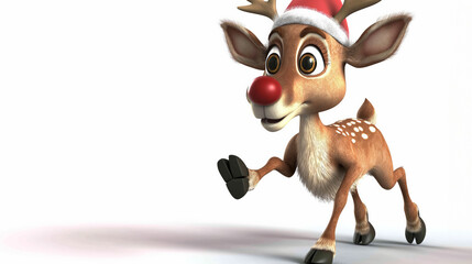 Cheerful animated reindeer character wearing a Santa hat, walking on two legs with a friendly wave.