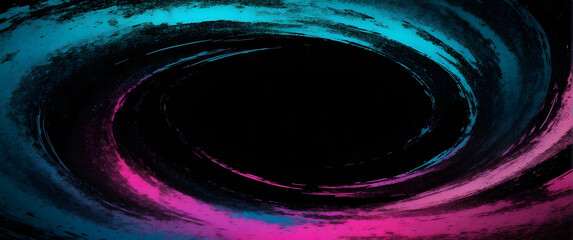 This image captures a dynamic, swirling abstract of bold pink and blue hues with a mysterious black center