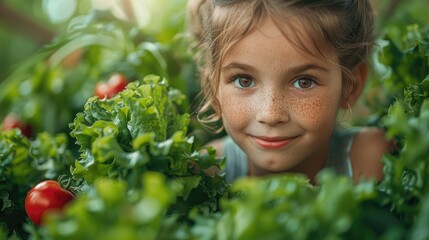 A beautiful girl with freckles on her face is hiding in the garden. She is wearing a blue shirt and has her hair in a ponytail. She is smiling at the camera and there are green leaves all around her.