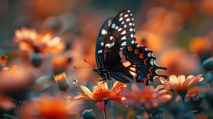 A black and orange butterfly on an orange flower with a blurred background.