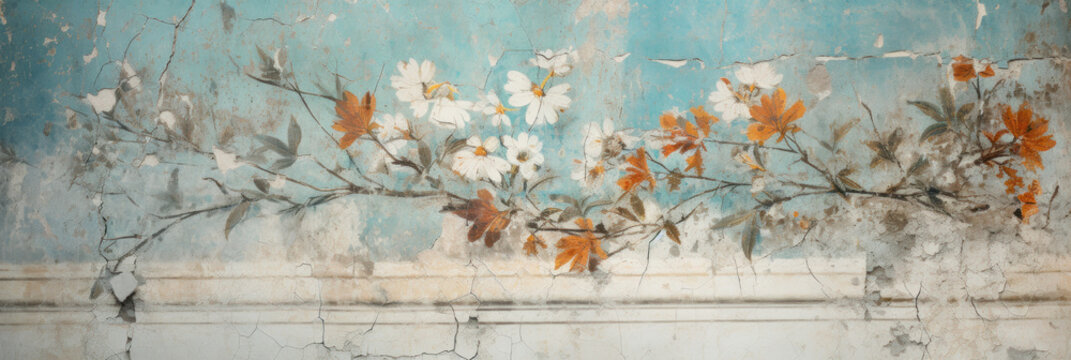 Old wall painting of flowers, panoramic banner of Ancient fresco with plants on light blue cracked plaster background. Concept of art, vintage mural, nature, antique