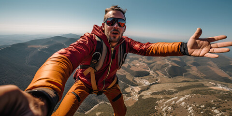 Witness the thrill of adventure as a man clad in orange leaps over a cliff with a backpack, embodying the essence of excitement and daring exploration. - obrazy, fototapety, plakaty