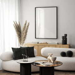 Frame mockup, ISO A paper size. Living room wall poster mockup. Interior mockup with house background. Modern interior design. 3D render
- 791941444