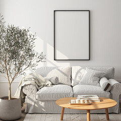 Frame mockup, ISO A paper size. Living room wall poster mockup. Interior mockup with house background. Modern interior design. 3D render
- 791941458