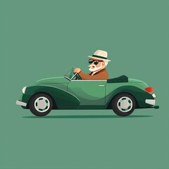 Flat cartoon grandfather with glasses and hat drives a fashionable green convertible 