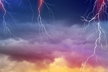 Lightning, thunder cloud dark cloudy sky - obrazy, fototapety, plakaty