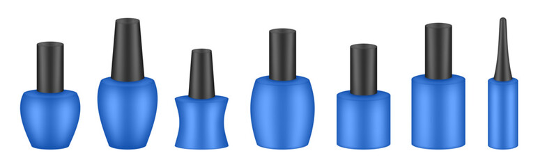 Obraz premium UV gel nail polish bottles. Set of black and blue bottles. Nail laquer or uv gel. Realistic packaging mockup. Manicure kit 