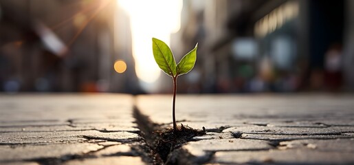 Plant sprout growing through the road. on a blurred city background