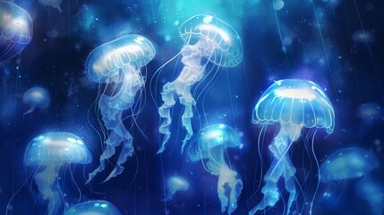 Produce a picture with several lifelike jellyfish, all made of jelly, glistening in the mysteriously deep blue sea. - obrazy, fototapety, plakaty