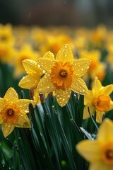 A bunch of yellow flowers with water droplets on them, AI