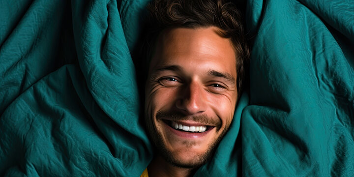 Serene and joyful, a man reclines in bed under a greenish blanket, his genuine smile lighting up the room.