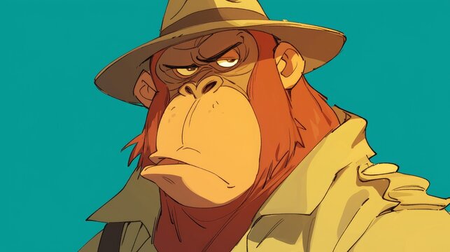 An angry orangutan dressed as a cartoon zookeeper