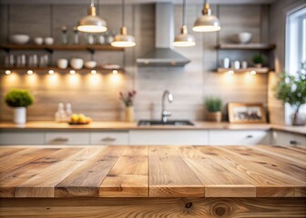 Modern kitchen interior and empty beautiful wooden table top counter with blurred clean bright background, ready for product presentation display