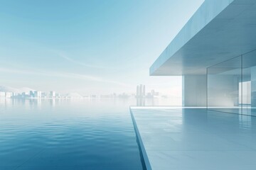 Modern buildings by the lake. The modern urban skyline is in the background.