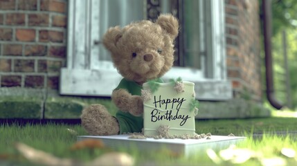 Teddy bear with birthday card sitting on grass outside