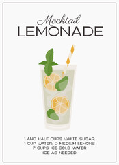 Lemonade Mocktail garnished with mint and lemon. Classic nonalcoholic beverage recipe modern wall art print. Summer drink poster. Minimalist trendy vector flat illustration.