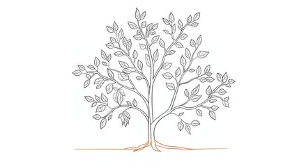 Simple tree line drawing with leaves on a white background