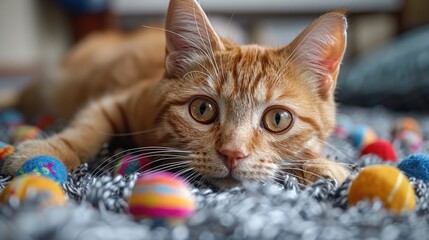 A ginger cat is lying on a carpet, looking at the camera. There are many colorful balls around it. - Powered by Adobe