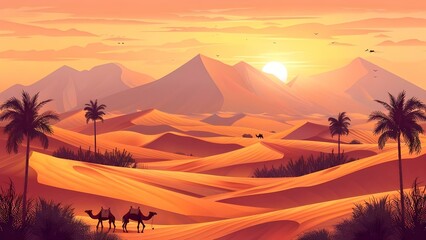 Fototapeta na wymiar Desert landscape with dunes sand oasis nomads camels and scorching heat. Concept Desert Landscape, Sand Dunes, Oasis, Nomads, Camels