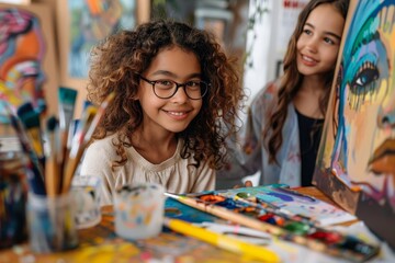 A curly-haired girl with a beaming smile stands in an art workshop surrounded by colorful artwork
