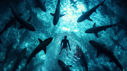 Diver surrounded by sharks underwater with light rays. - obrazy, fototapety, plakaty