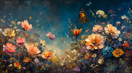 Fototapeta na wymiar Fluttering Fantasy: Artistic Oil Painting of Whimsical Butterfly in Surreal Landscape