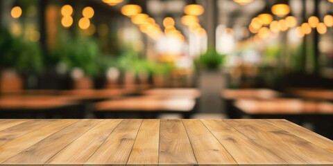 The empty wooden table top with blur background of restaurant. Exuberant image. generative AI - obrazy, fototapety, plakaty