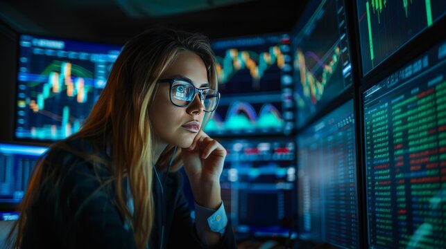Photo of young woman data analyst and chartists analyzing market data