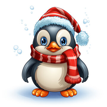 recommend clip art: Christmas Penguin illustration with outline with white Background сreated with Generative Ai