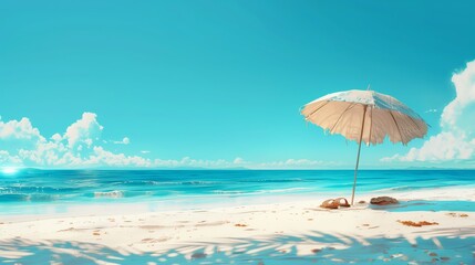 Serene Beach View with Umbrella and Golden Sand.