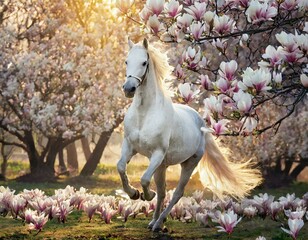 Weißes Pferd galoppiert zwischen blühenden Magnolienbäumen beim Sonnenaufgang 