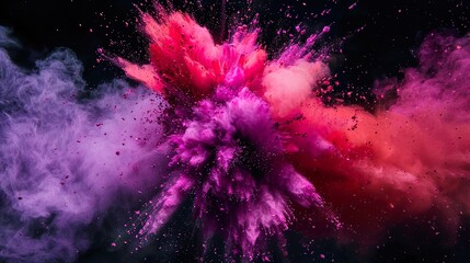 Pinkfarbene Farbexplosion vor dunklem Hintergrund, rauchender Knall, Explosion aus Pulver - obrazy, fototapety, plakaty