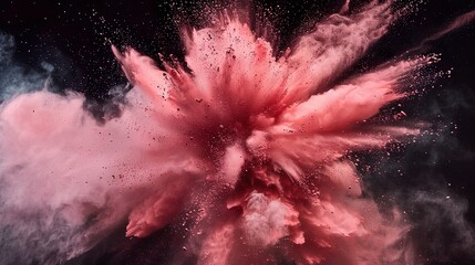 Pinkfarbene Farbexplosion vor dunklem Hintergrund, rauchender Knall, Explosion aus Pulver