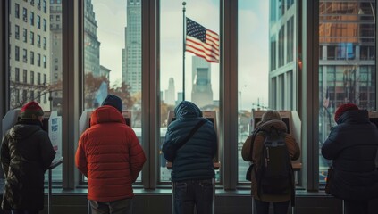 People casting their vote at the voting booth, the photo shot from behind, people wearing winter inside an office building with large windows in the background Generative AI