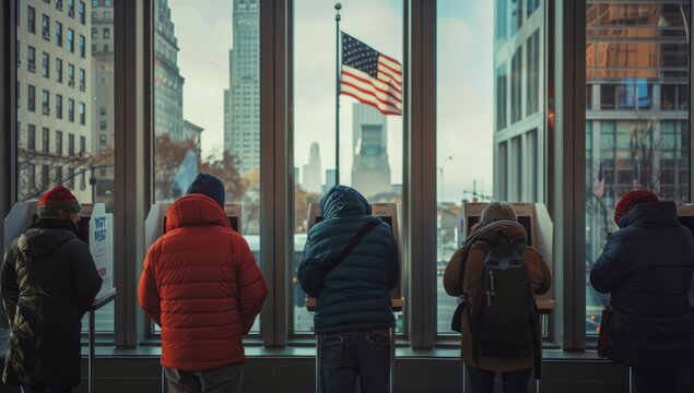 People casting their vote at the voting booth, the photo shot from behind, people wearing winter inside an office building with large windows in the background Generative AI