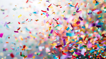 Colorful confetti flying in a blurred background.